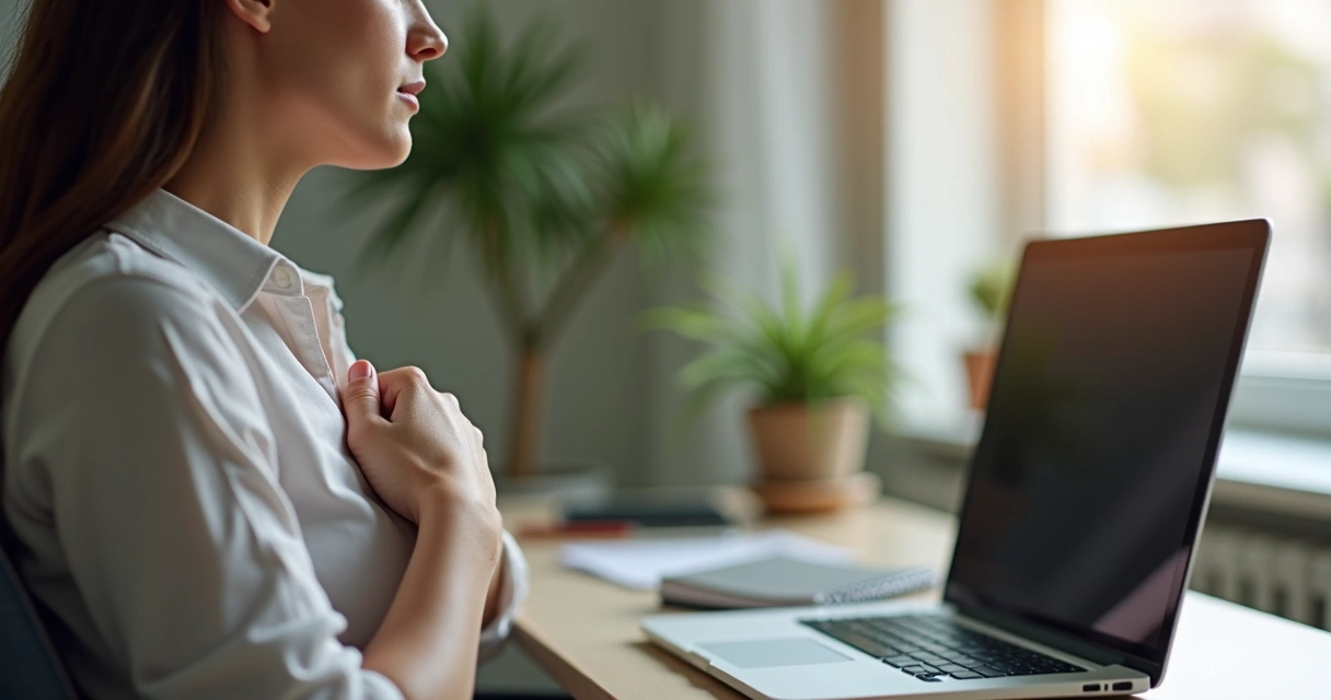 Pessoa praticando respiração consciente em frente ao computador 