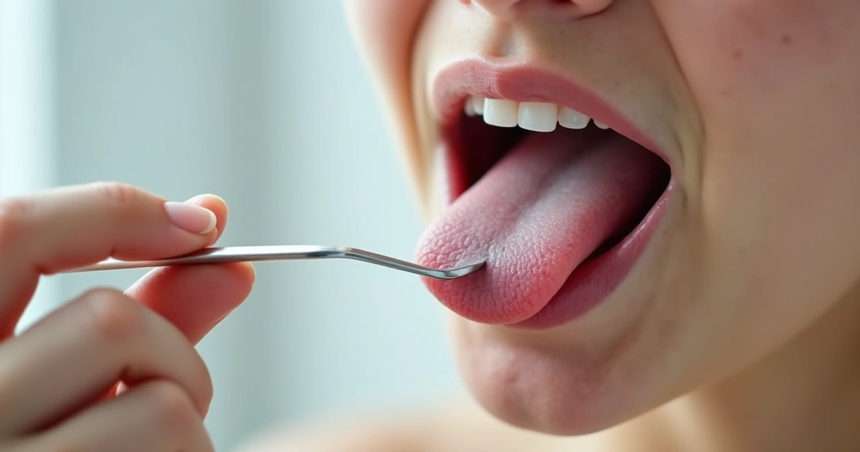 Pessoa usando raspador de língua para remover saburra da língua.