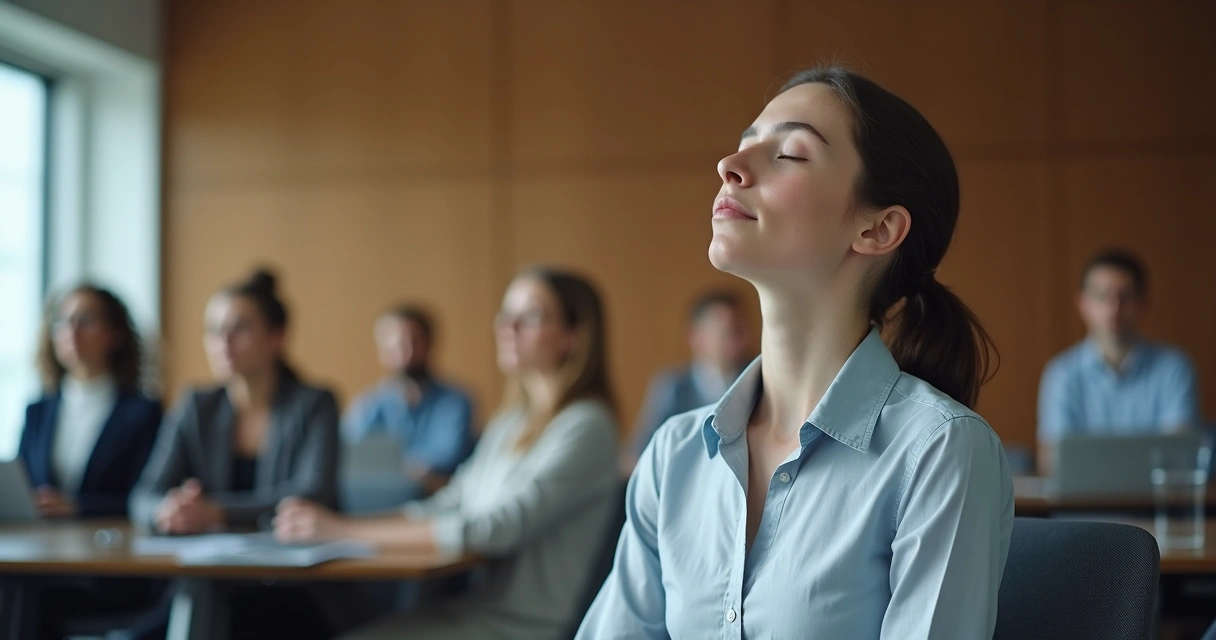Pessoa sentada em uma cadeira, praticando respiração consciente em ambiente de trabalho. 