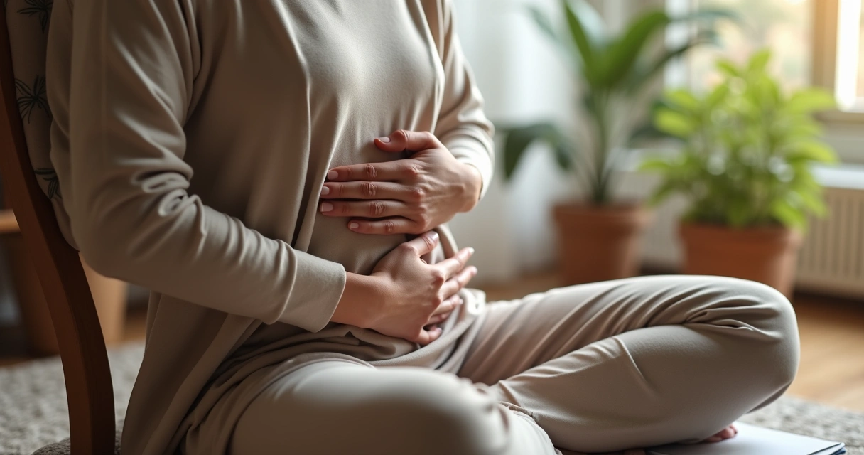 Mãos sobre o abdômen durante exercício de respiração consciente