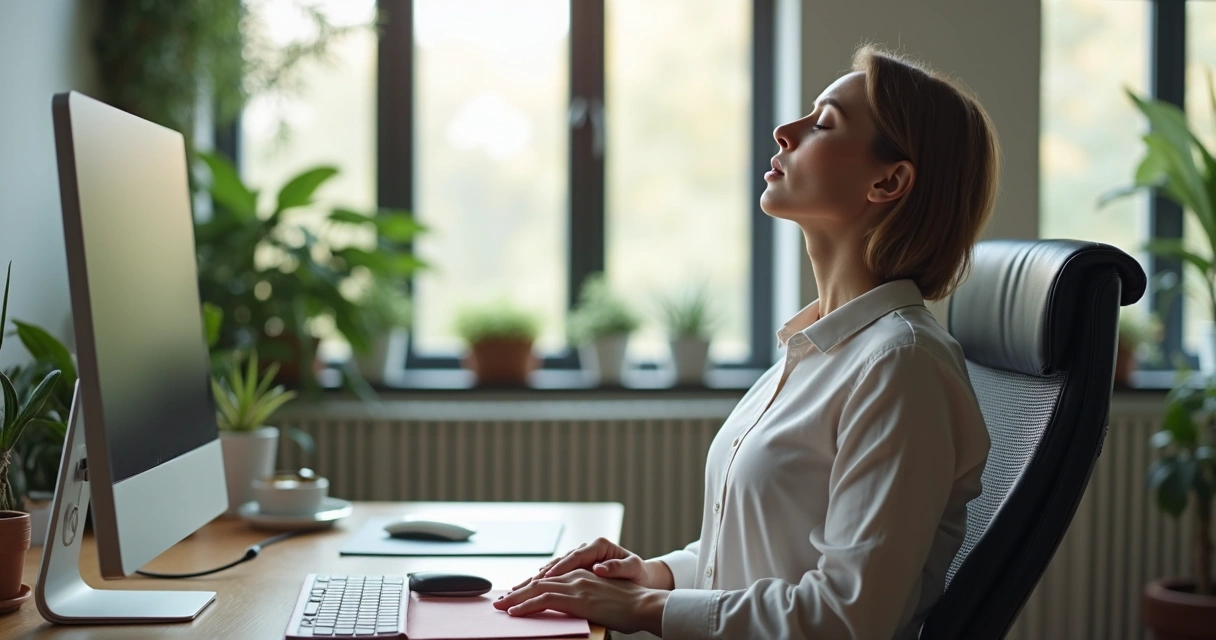 Pessoa praticando respiração consciente em ambiente de trabalho 