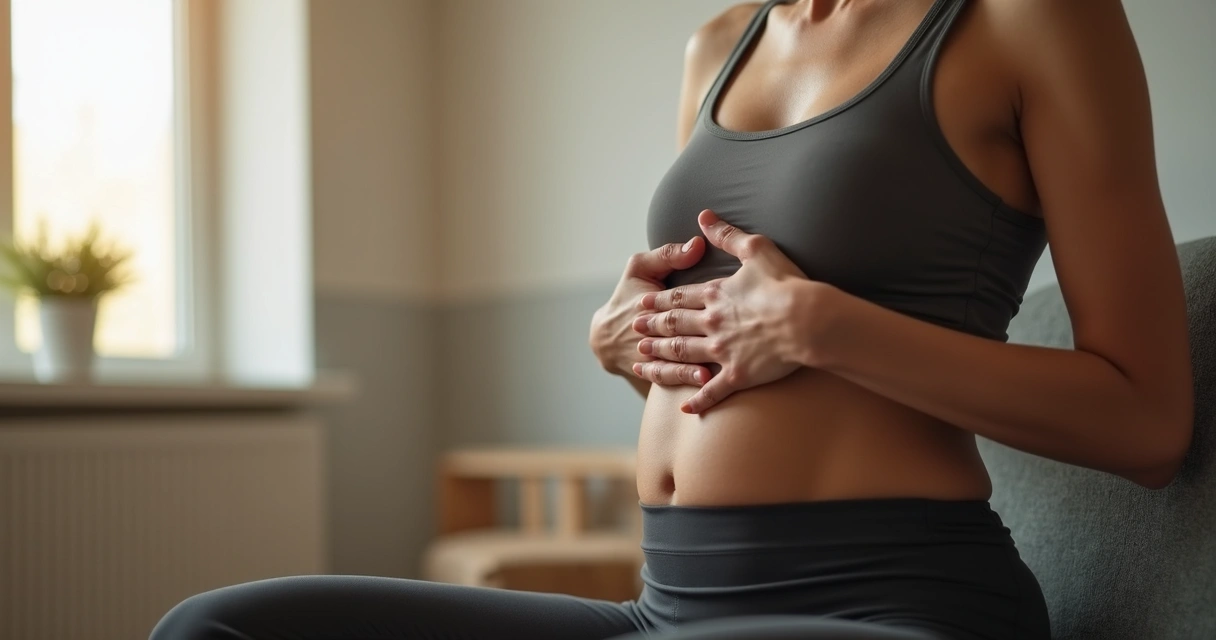 Pessoa sentada em cadeira, com as mãos sobre o abdômen, praticando respiração profunda em ambiente calmo 
