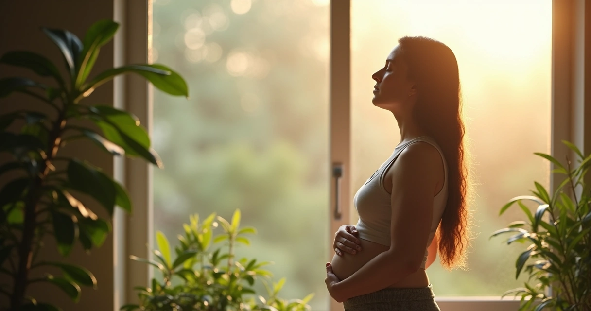 Pessoa em pé junto à janela, praticando exercício de respiração com expressão serena 
