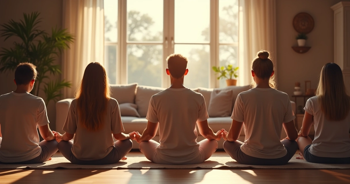 Família sentada em círculo praticando respiração profunda, ambiente de sala iluminada, todos aparentando calma e conexão 