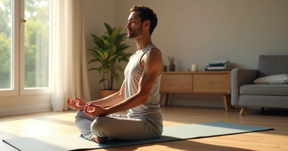 Pessoa sentada em postura de meditação praticando respiração profunda em ambiente calmo 