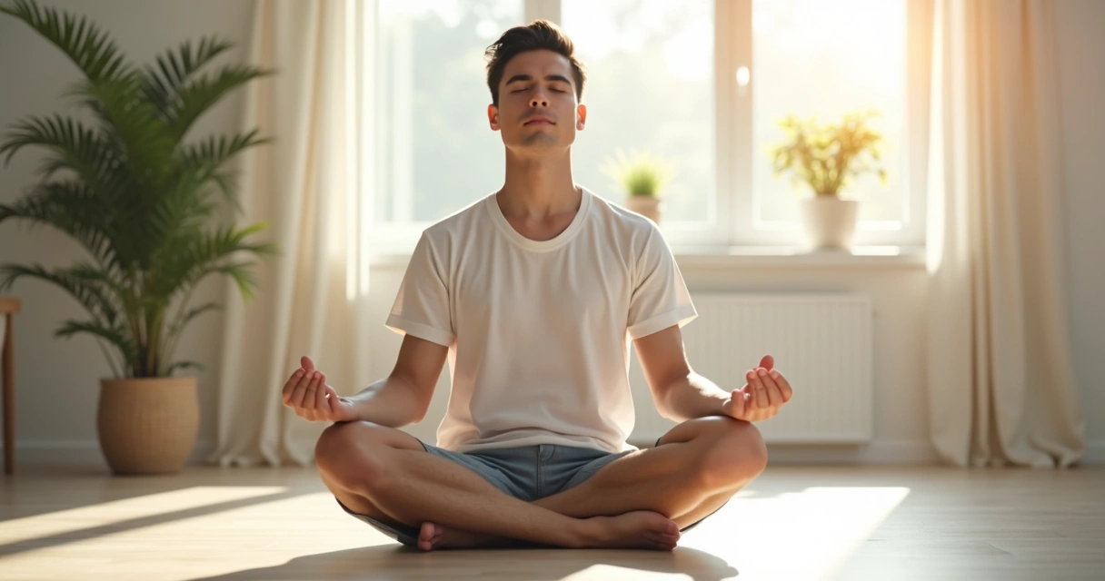 Homem jovem fazendo exercício de respiração sentado