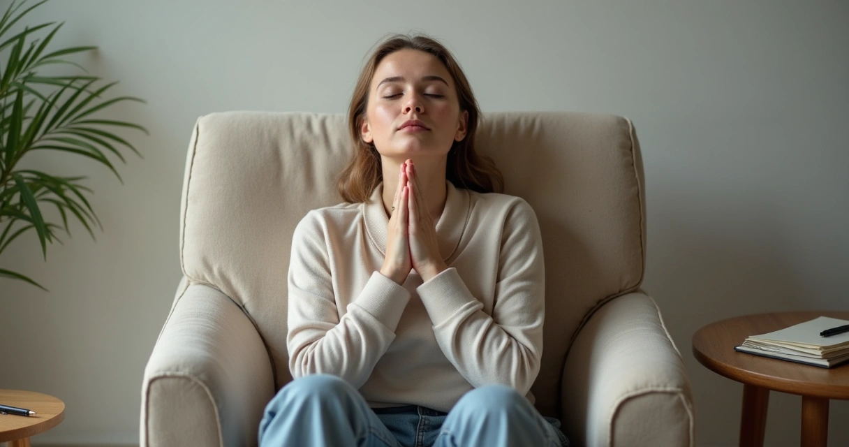 Pessoa sentada em posição confortável praticando exercício de respiração. 