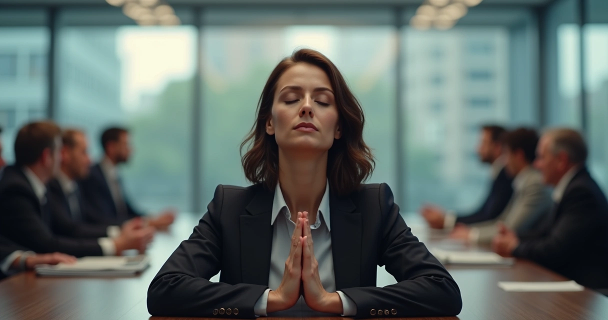 Pessoa com olhos fechados respirando durante reunião ao fundo 