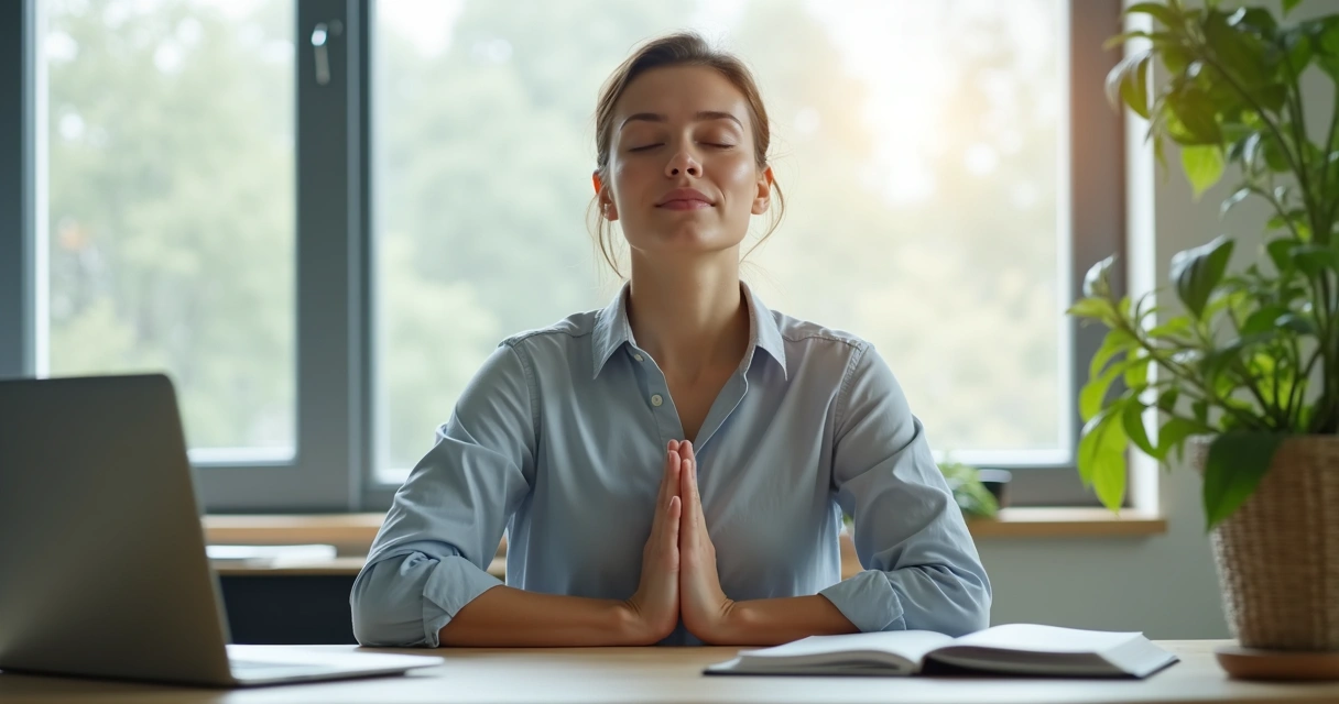 Profissional sentado, olhos fechados, praticando respiração consciente, sentado à mesa com laptop em escritório moderno. 