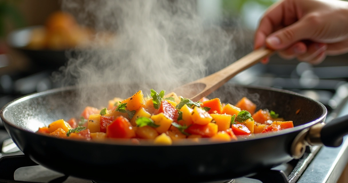 Pessoa salteando vegetais em frigideira quente 