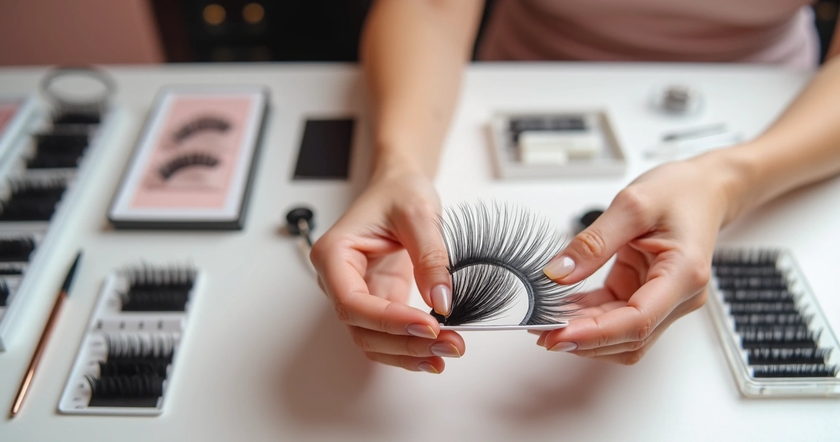Lash designer preparando leque de cílios volume russo com instrumentos profissionais sobre bancada organizada 