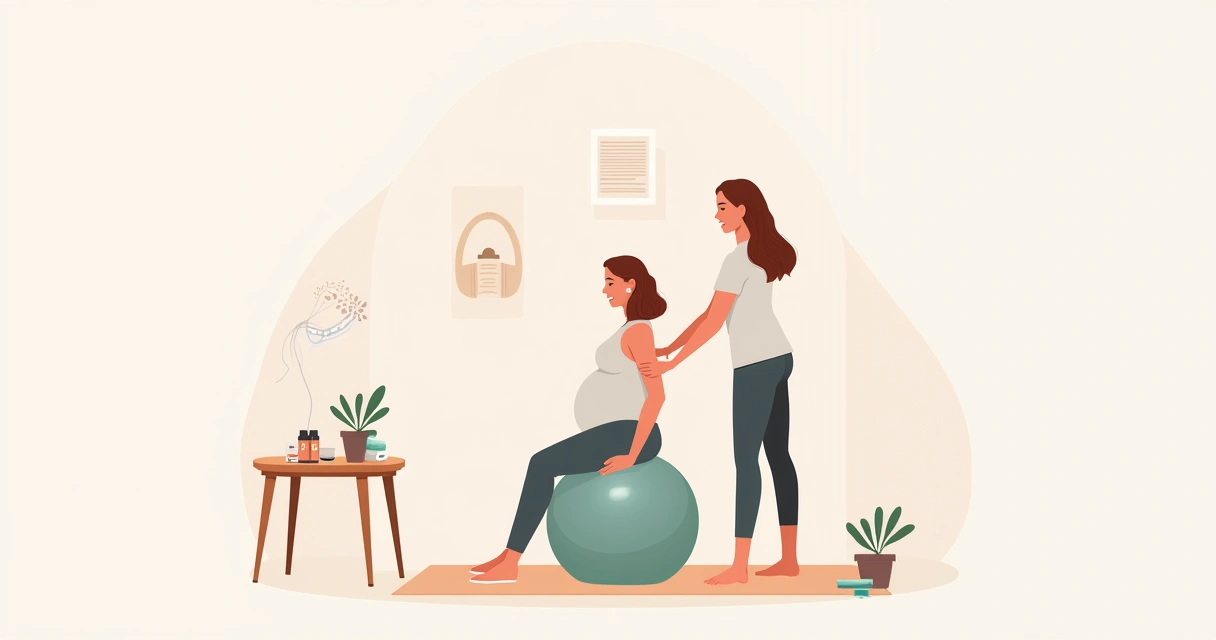 Técnicas naturais para alívio da dor em trabalho de parto, gestante usando bola de pilates e recebendo massagem 