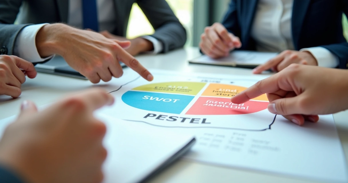 Matriz SWOT colorida e elementos gráficos PESTEL sobre uma mesa de reunião
