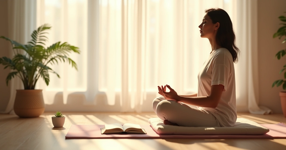 Ambiente calmo com um adulto sentado praticando respiração consciente 
