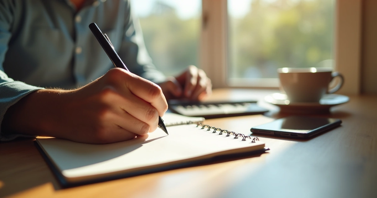 Mãos escrevendo em um caderno com xícaras ao lado e janela ao fundo 