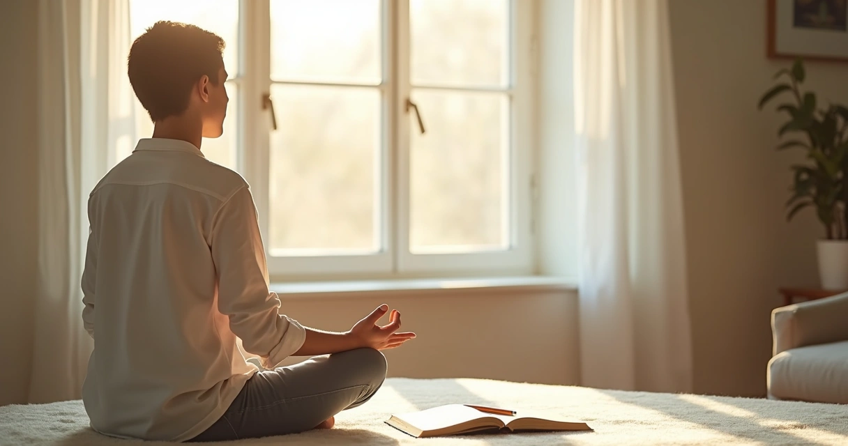 Persona meditando frente a una ventana, con un diario y lápiz sobre la mesa 