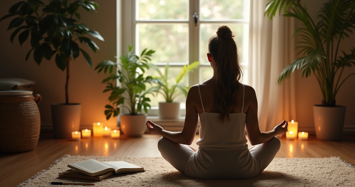 Pessoa sentada em posição de meditação, ambiente acolhedor e luz suave