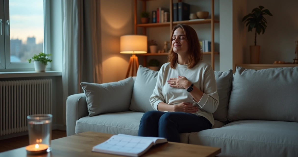 Pessoa sentada no sofá praticando autorregulação durante crise emocional 