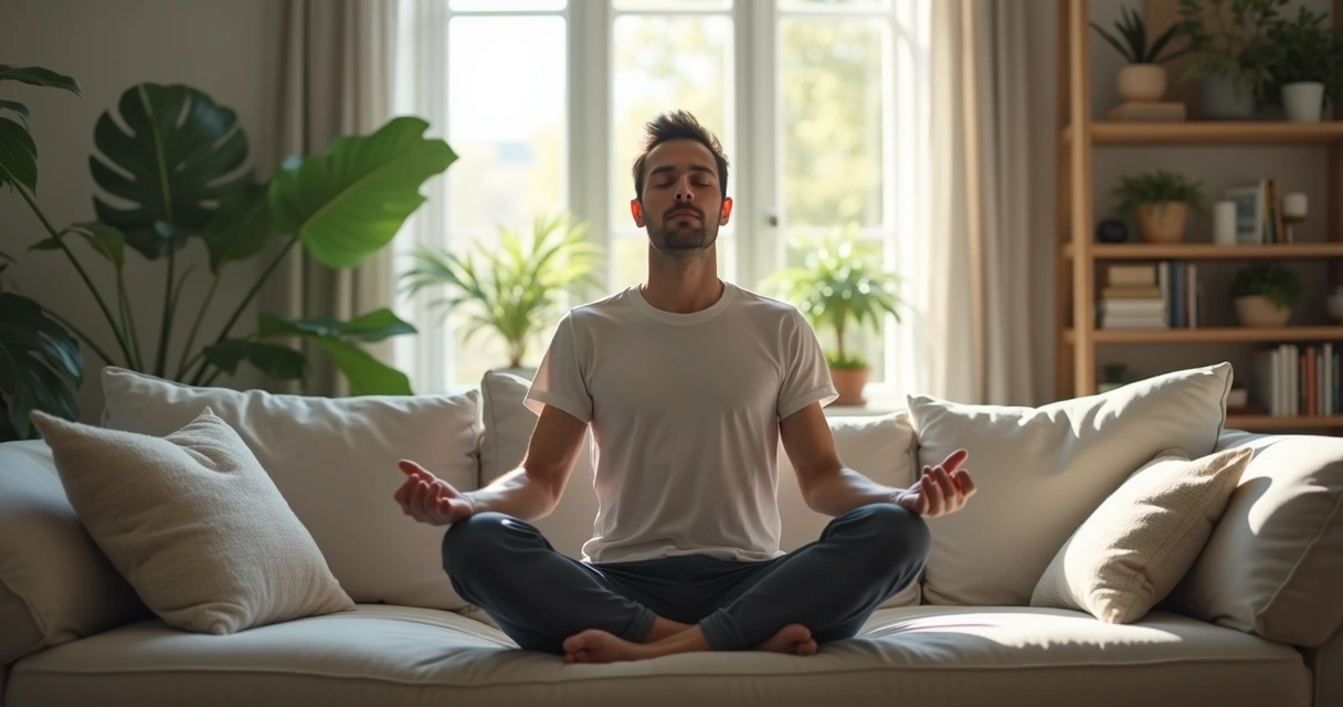 Pessoa sentada praticando respiração consciente em ambiente tranquilo 