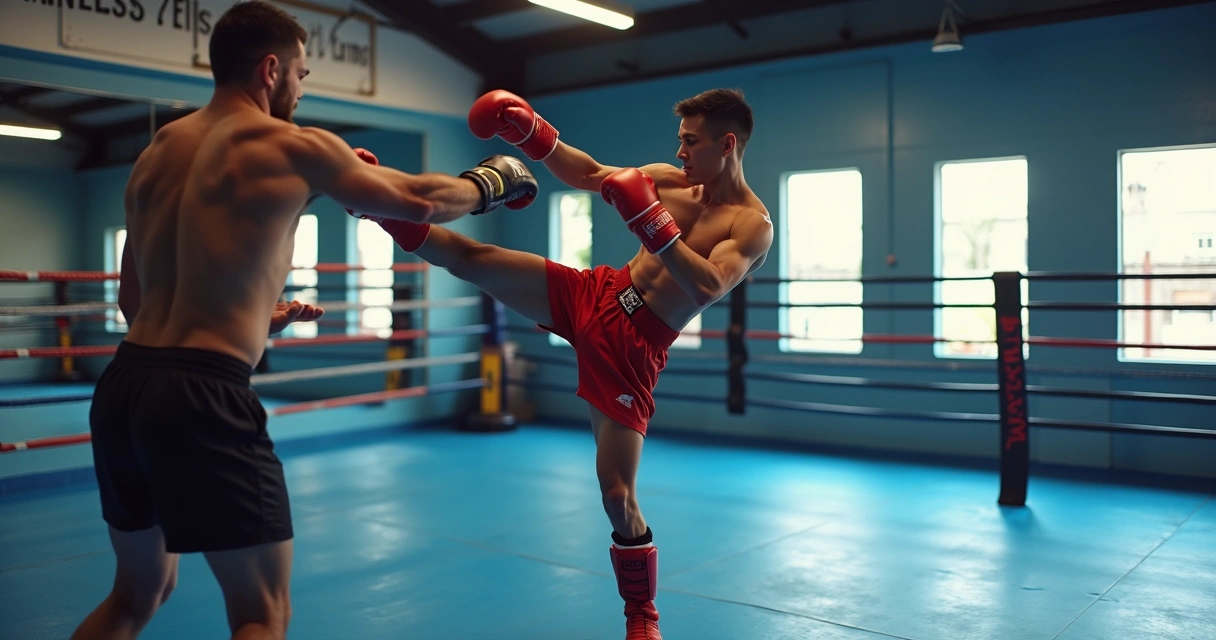 Praticante executando chute alto muay thai em academia 
