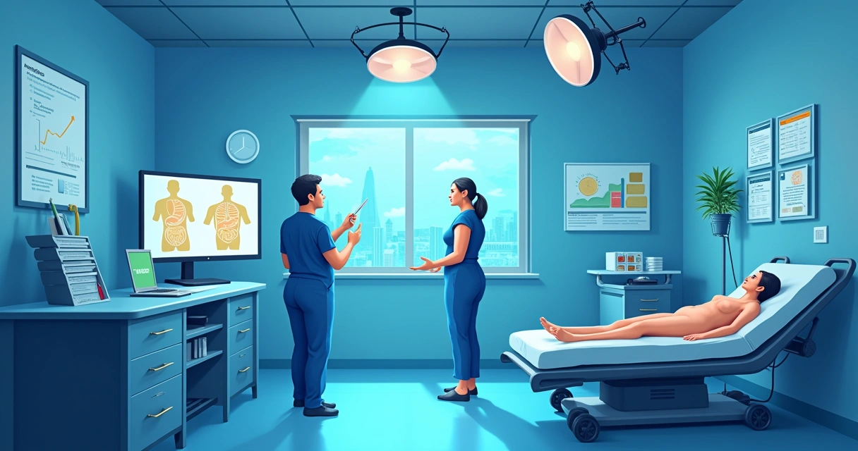 Representação de uma sala de cirurgia com técnicas de bypass gástrico e gastrectomia vertical, mostrando cirurgião e monitores.