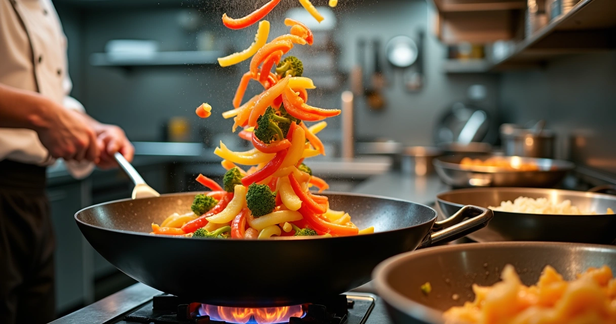 Chef profissional salteando legumes coloridos em wok sobre chama alta 