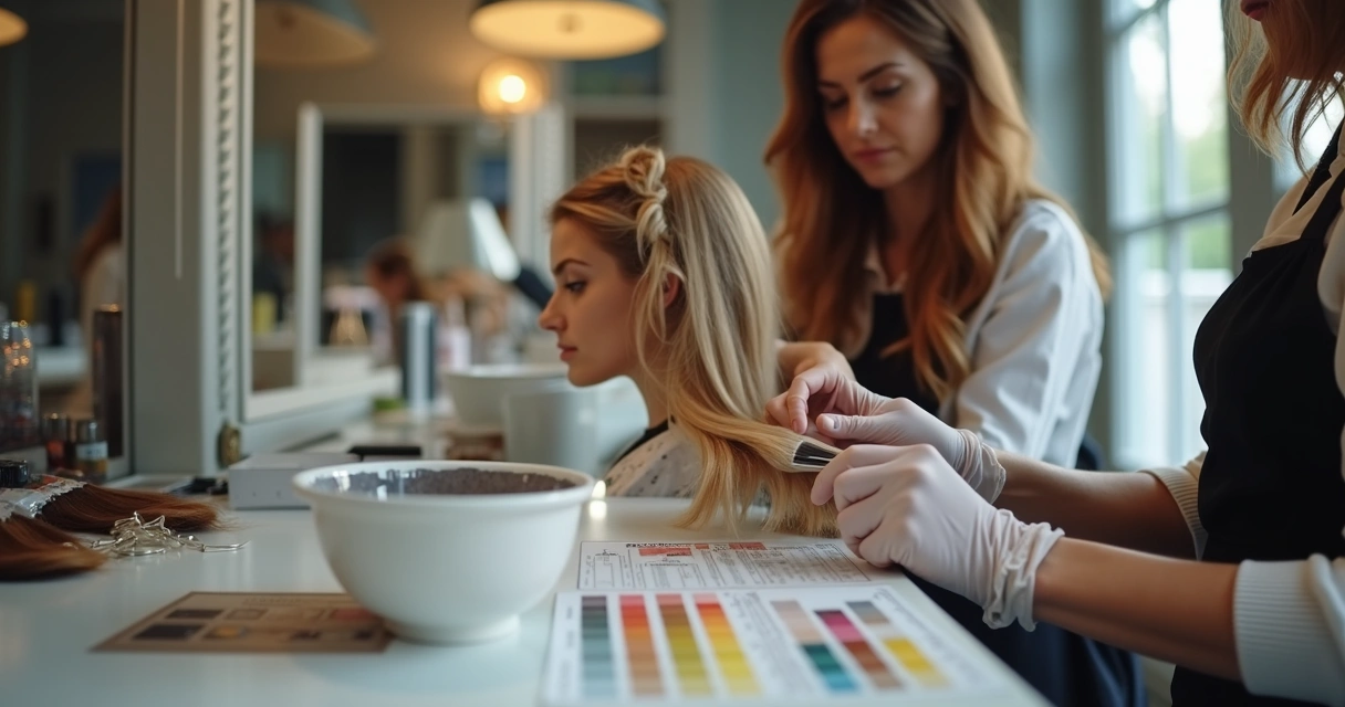 Aplicação de coloração capilar com mechas separadas em salão organizado 
