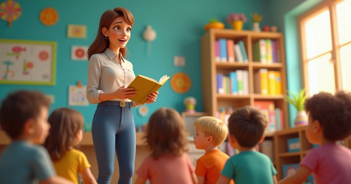 Educadora usando expressões faciais e mãos enquanto conta história para turma infantil 