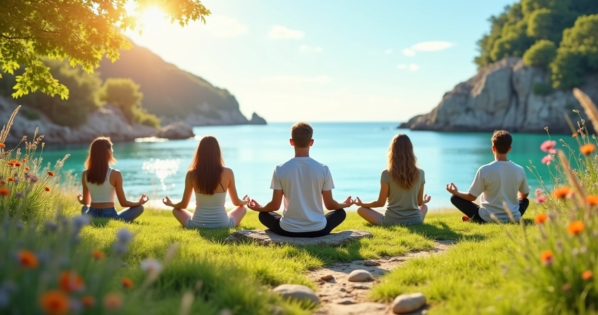 Grupo diverso praticando diferentes técnicas de meditação ao ar livre, em cenário sereno e vibrante.