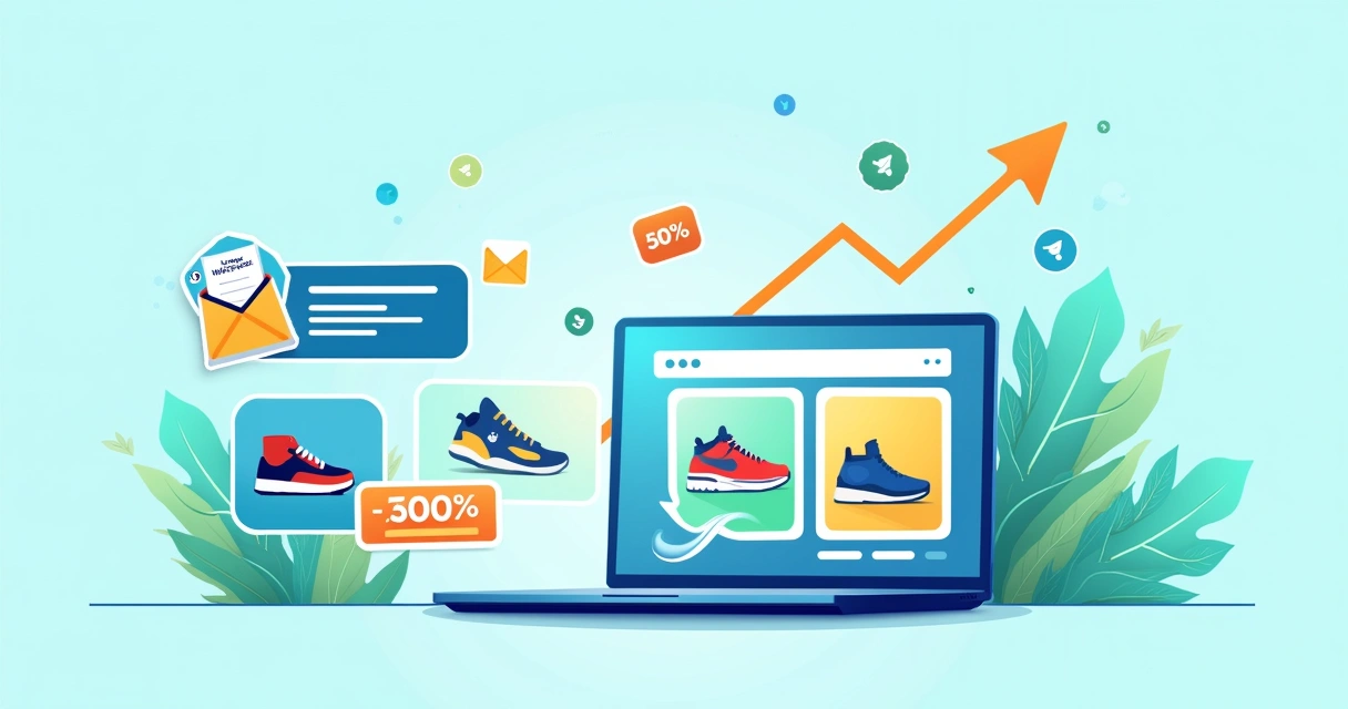 Ilustração de uma cena de marketing digital com anúncios, e-mails lembradores e descontos. 