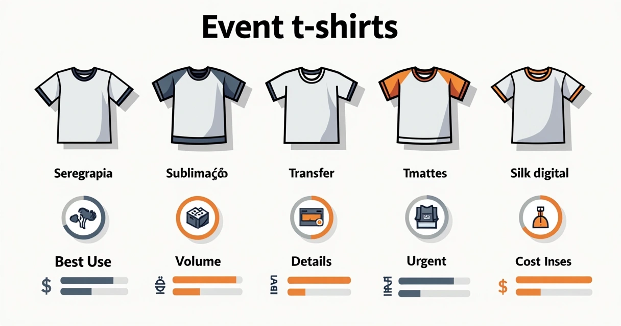 Comparativo visual de técnicas de estampa em camisetas para evento 