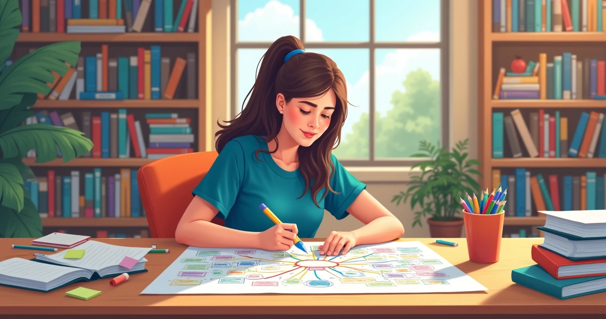 Estudante desenhando mapa mental colorido em papel rodeado por cadernos e canetas. 