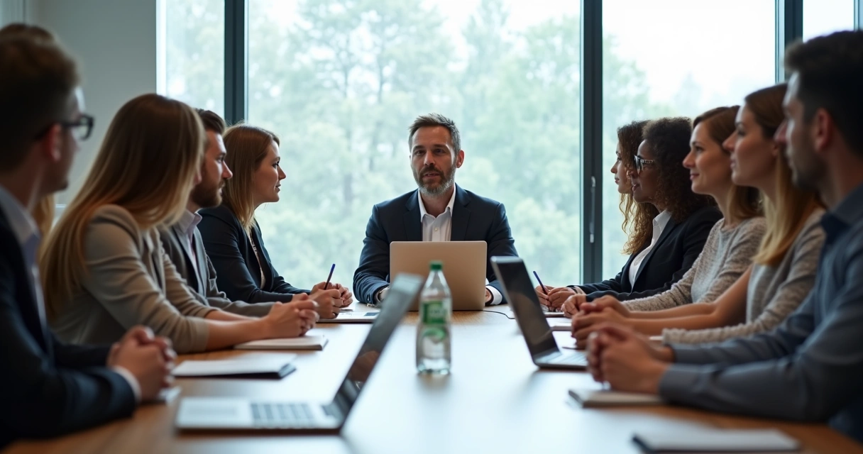 Pessoas em uma reunião olhando atentas para um colega falando, ambiente corporativo moderno 