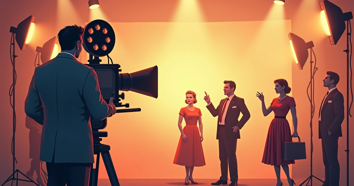 Cena de bastidores de filme clássico dos anos 50 com câmera grande, diretor e atores com trajes da época 