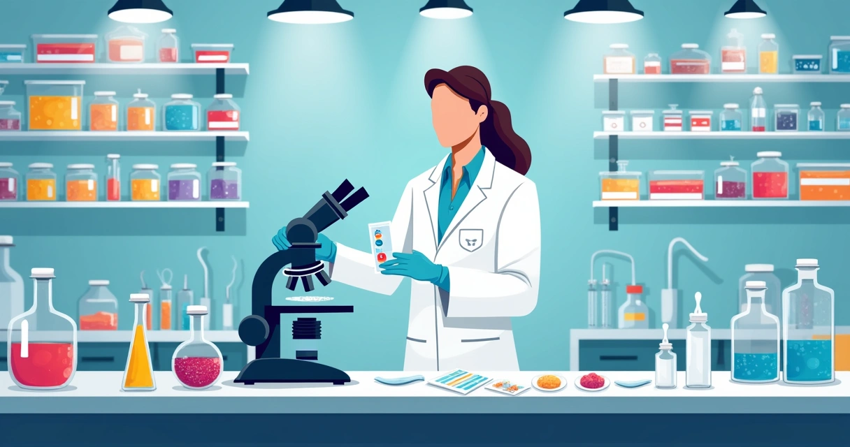 Interpretação do Gram e reconhecimento das principais bactérias Gram-positivas 1 Profissional de laboratório preparando lâminas para coloração de Gram, com reagentes organizados ao fundo