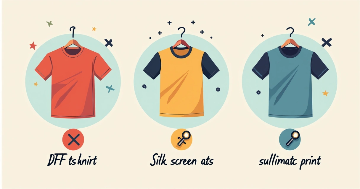 Camisetas mostrando técnicas distintas: DTF, silk screen e sublimação lado a lado 