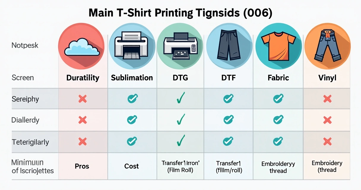 Gráfico tabelado com as principais técnicas de impressão para camisetas, detalhando serigrafia, sublimação, DTG, DTF, transfer, vinil e bordado, cada uma com ícones ilustrativos e características principais 