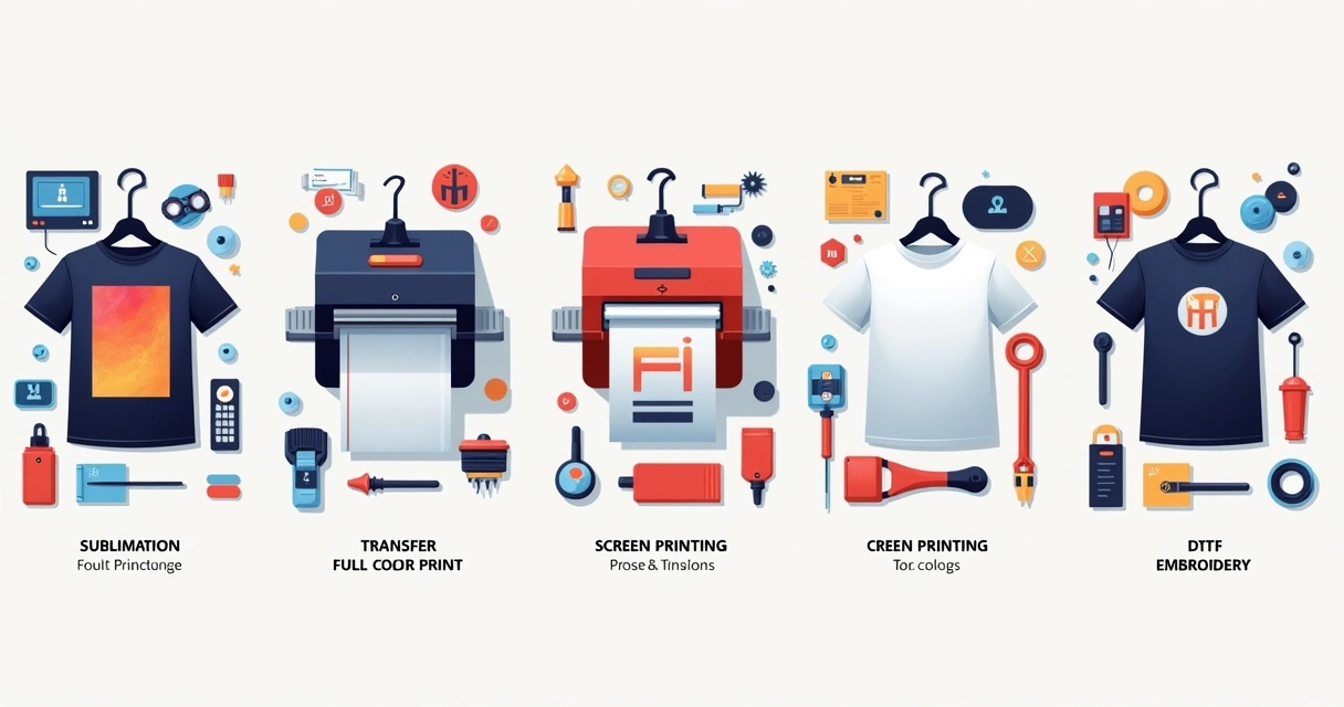 Ilustração diferentes técnicas de impressão em camisetas 