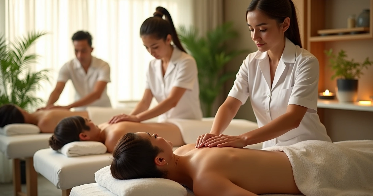 Terapias de massagem variadas aplicadas por diferentes profissionais em um ambiente relaxante 