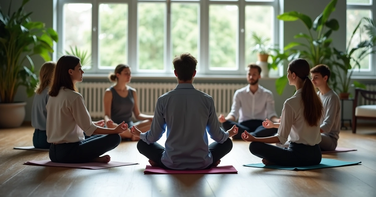 Colaboradores sentados em círculo praticando meditação em ambiente de trabalho.