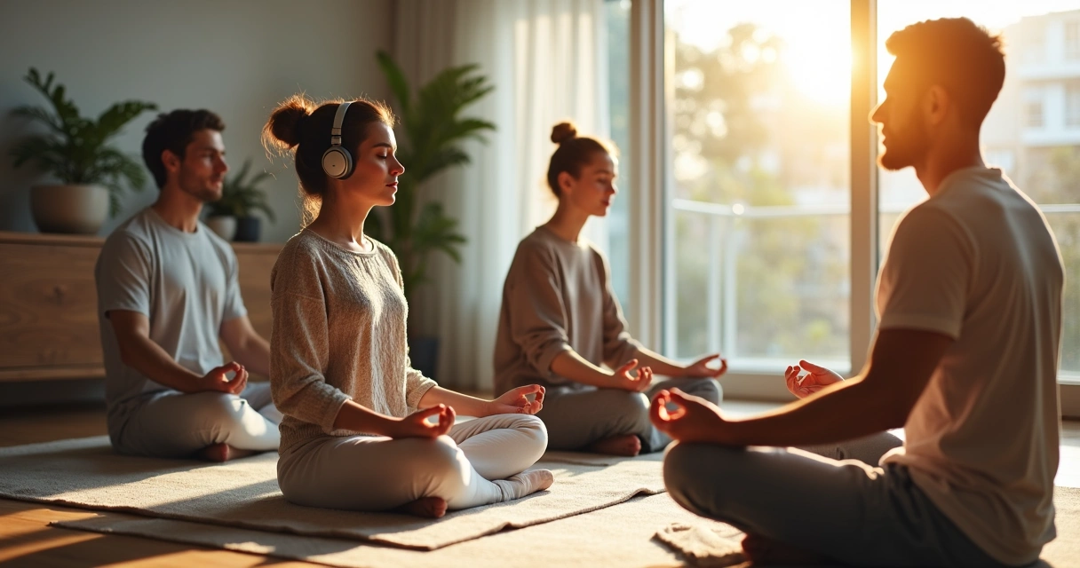 Pessoas praticando diferentes tipos de meditação em casa 