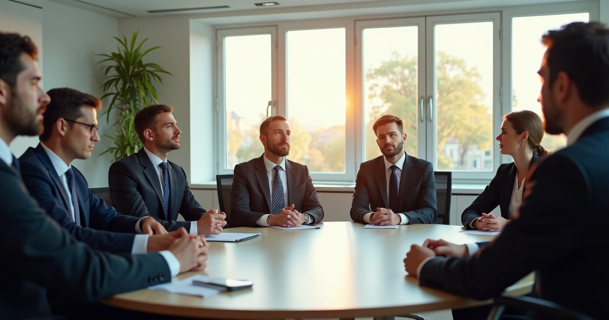 Reunión de trabajo con personas aplicando una breve práctica de meditación, sentados en círculo, ojos cerrados, ambiente de oficina moderno 
