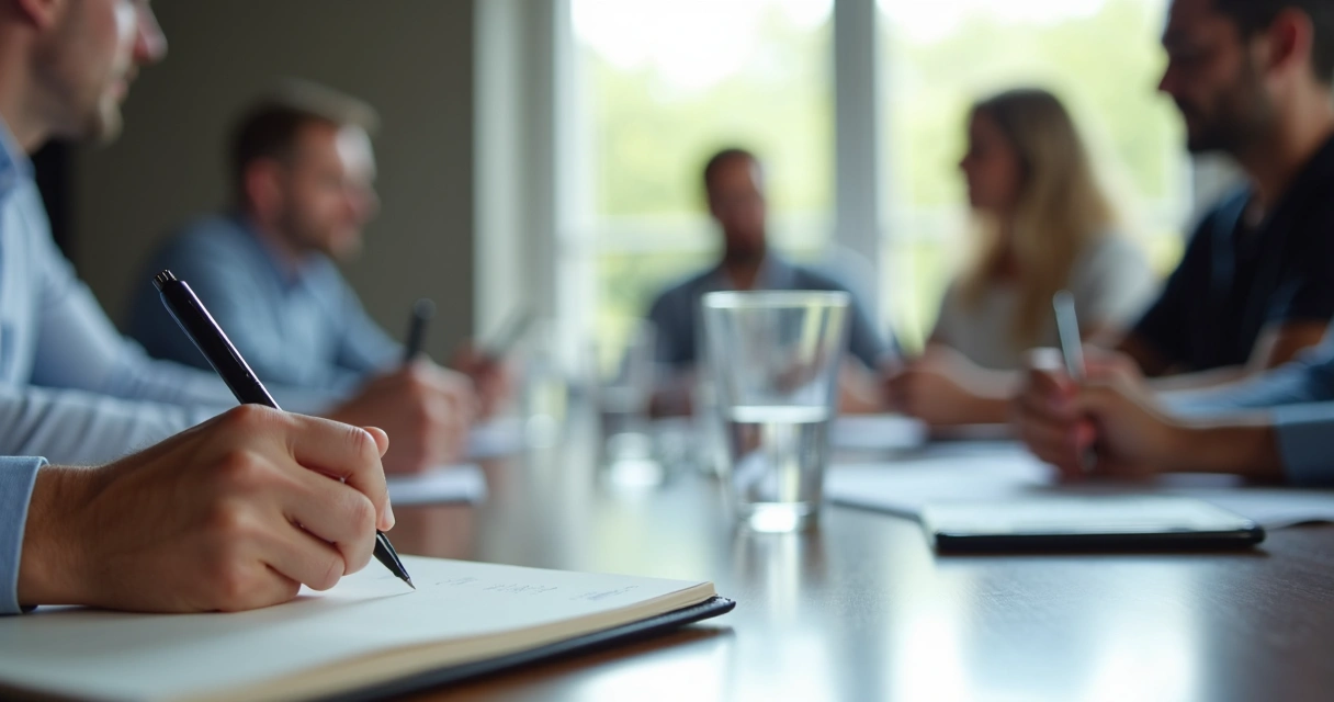 Manos tomando notas en cuaderno durante reunión, sin distracciones tecnológicas 