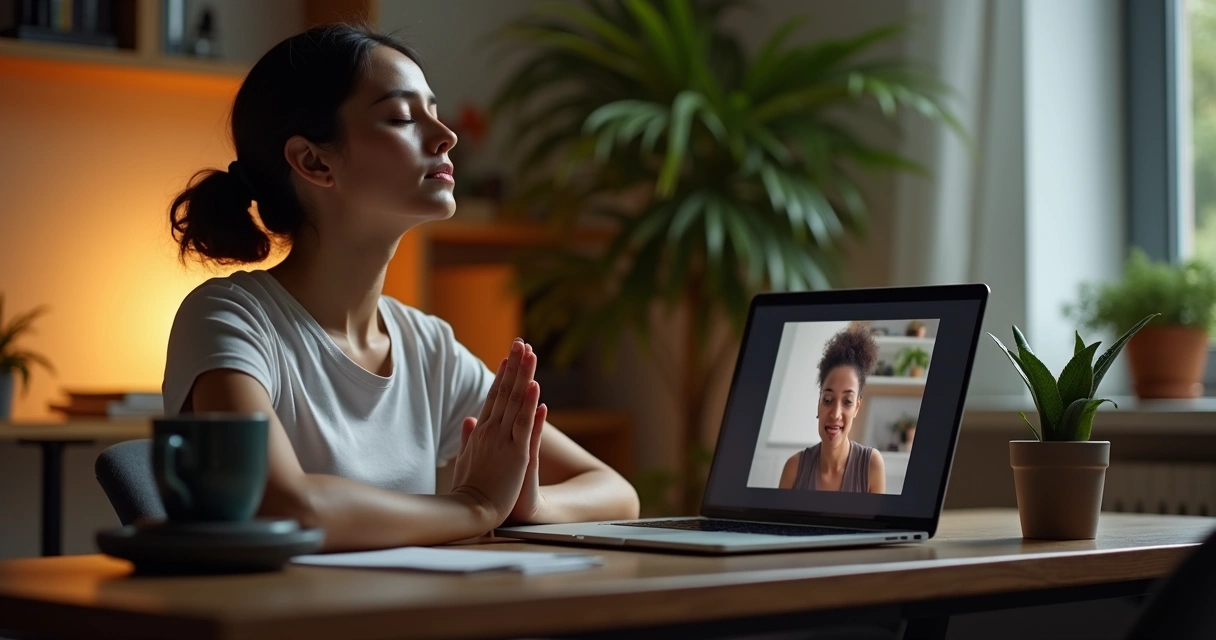 Pessoa praticando mindfulness diante do computador 