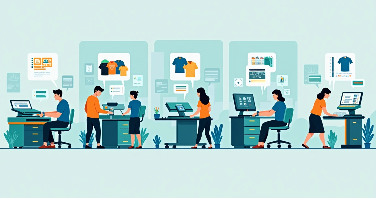 Ilustrações de diferentes técnicas de personalização de camisa lado a lado 