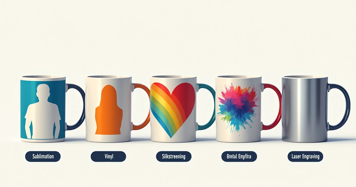 Diferentes técnicas de personalização de canecas lado a lado 