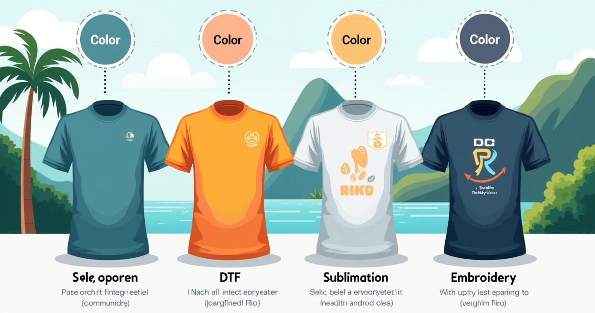 Comparativo das técnicas silk, DTF, sublimação e bordado em exemplos de camisas 