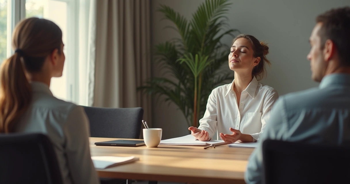 Profissional sentado em uma reunião, olhos fechados, respirando fundo enquanto os demais colegas aguardam em silêncio