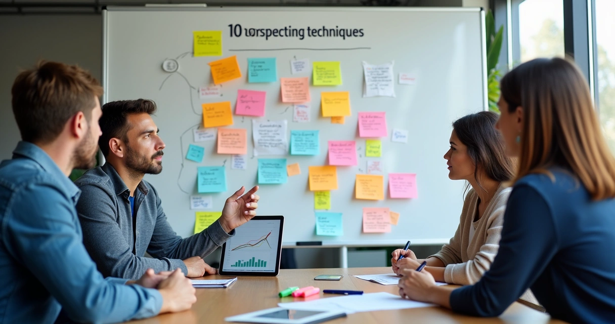 Quadro branco com 10 técnicas de prospecção escritas e equipe discutindo