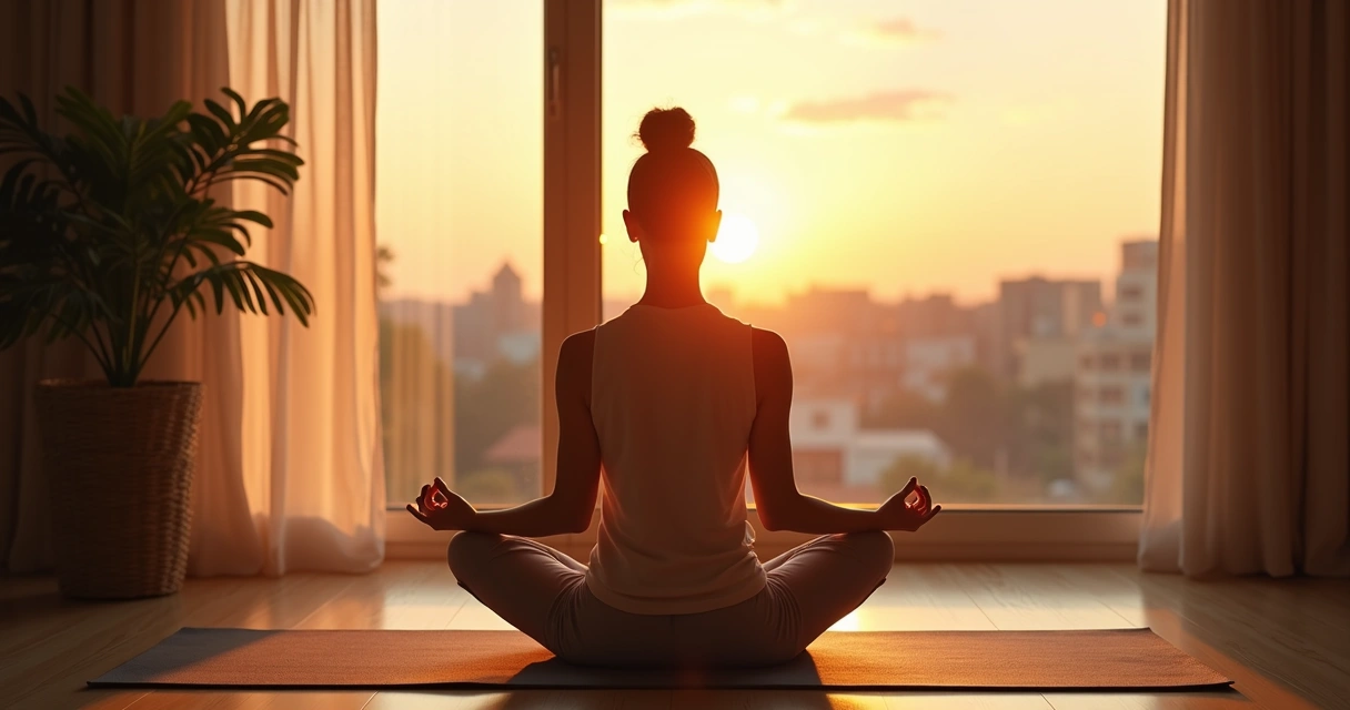 Mulher praticando meditação sentada em tapete no amanhecer 